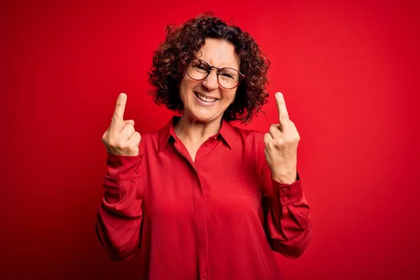 Middle Age Beautiful Curly Hair Woman Wearing Casual Shirt Glasses — Stock Fotó