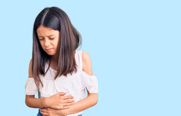 Beautiful Child Girl Wearing Casual Clothes Hand Stomach Because Indigestion — Stock Photo, Image