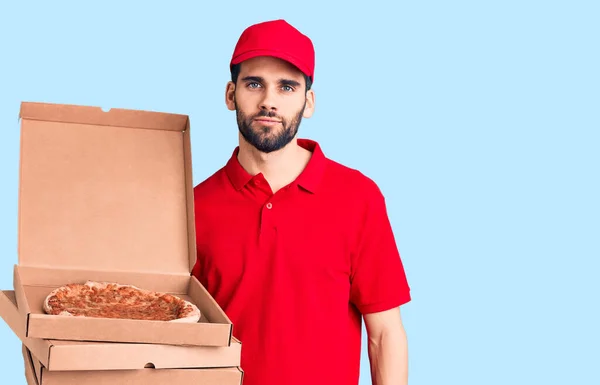Young Handsome Man Beard Wearing Delivery Uniform Holding Boxes Pizza — Stock Photo, Image
