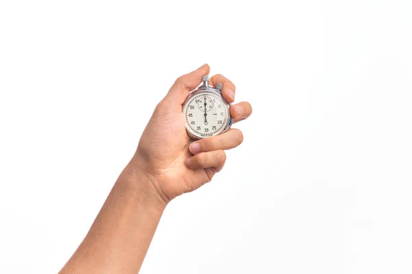 Χέρι Του Καυκάσου Νεαρός Άνδρας Κάνει Αντίστροφη Μέτρηση Κρατώντας Χρονόμετρο — Φωτογραφία Αρχείου