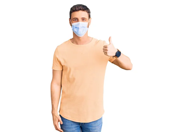 Handsome Young Man Bear Wearing Medical Mask Coronavirus Smiling Happy — Stock Photo, Image