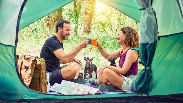 Couple Âge Moyen Randonneur Souriant Heureux Boire Café Camping Forêt — Photo