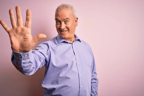 Middle Age Handsome Hoary Man Wearing Casual Shirt Standing Pink — Stock Photo, Image