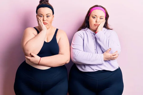 Young Size Twins Wearing Sportswear Thinking Looking Tired Bored Depression — Stock Photo, Image