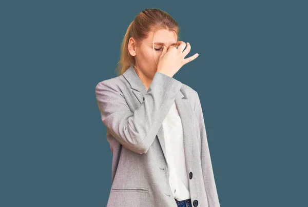 Young Beautiful Blonde Woman Wearing Elegant Jacket Tired Rubbing Nose — Stock Photo, Image