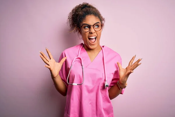 African American Nurse Girl Wearing Medical Uniform Stethoscope Pink Background — Stock Photo, Image