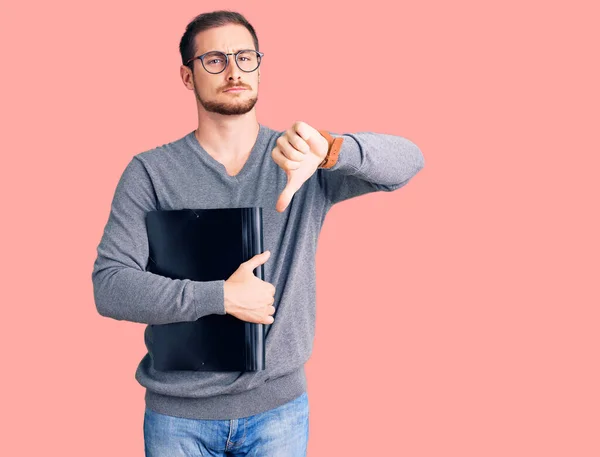 Young Handsome Caucasian Man Holding Business Folder Angry Face Negative — Stock Photo, Image