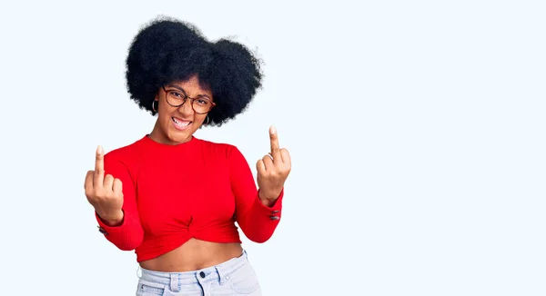 Young African American Girl Wearing Casual Clothes Glasses Showing Middle — 스톡 사진