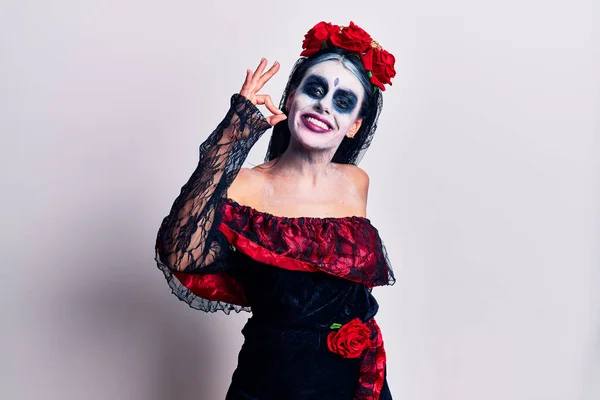 Young Woman Wearing Mexican Day Dead Makeup Smiling Positive Doing — Stock Photo, Image