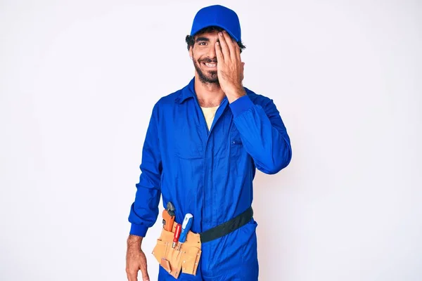 Handsome Young Man Curly Hair Bear Weaing Handyman Uniform Covering — Stock Photo, Image