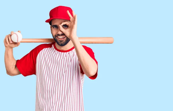 Young Handsome Man Beard Playing Baseball Holding Bat Ball Smiling — Stock Photo, Image