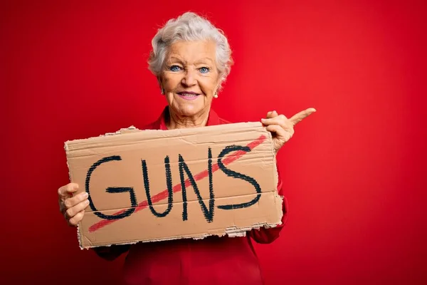 Senior Beautiful Grey Haired Woman Holding Banner Prohibited Guns Message — Stock Photo, Image