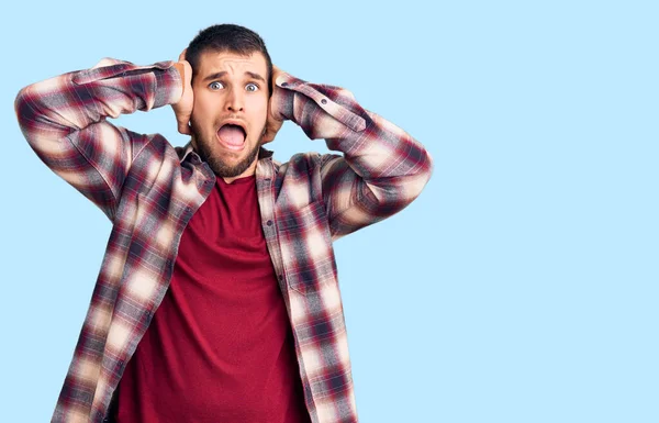 Young Handsome Man Wearing Casual Shirt Crazy Scared Hands Head — Stock Photo, Image