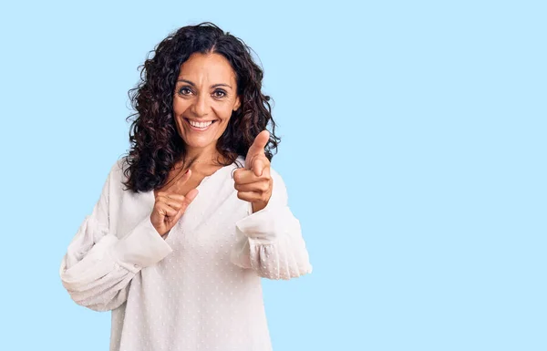 Middle Age Beautiful Woman Wearing Casual Sweater Pointing Fingers Camera — Stock Photo, Image