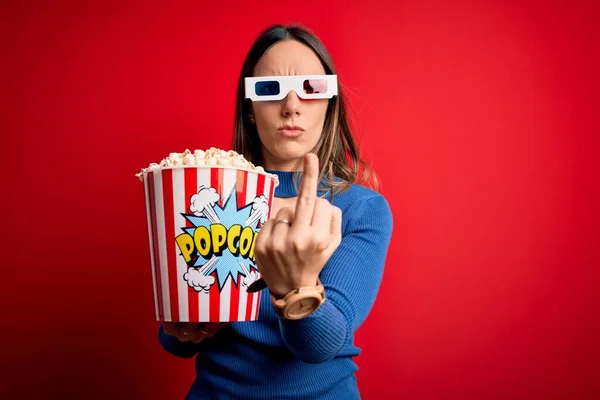 Young Blonde Woman Wearing Glasses Eating Pack Popcorn Watching Movie — ストック写真