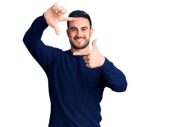 Young Handsome Man Wearing Casual Clothes Smiling Making Frame Hands — Stock Photo, Image