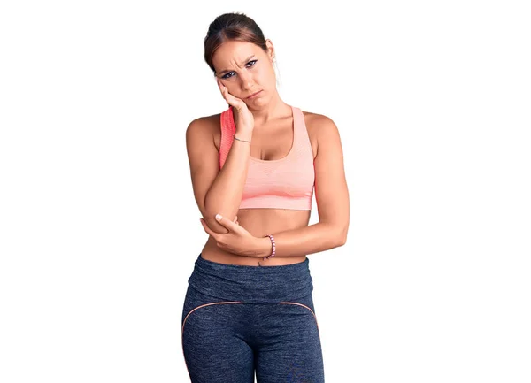 Young Beautiful Hispanic Woman Wearing Sportswear Thinking Looking Tired Bored — Stock Photo, Image