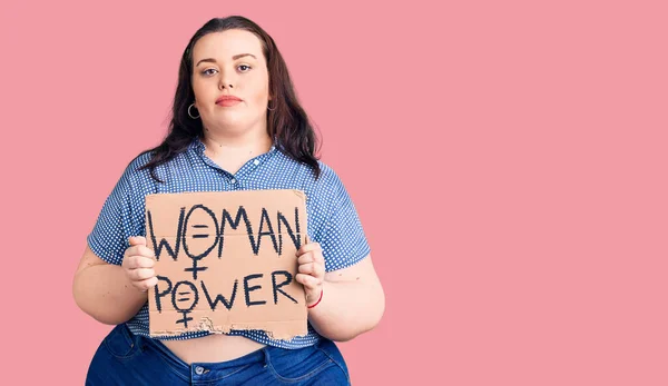 Young Size Woman Holding Woman Power Banner Thinking Attitude Sober — Stock Photo, Image