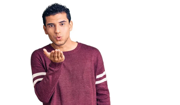 Hispanic Handsome Young Man Wearing Casual Clothes Looking Camera Blowing — Stock Photo, Image