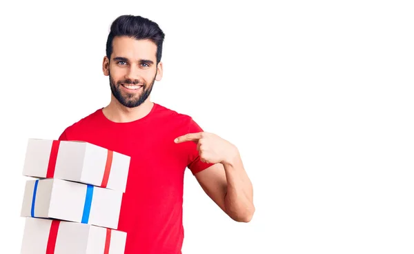 Young Handsome Man Beard Holding Gift Pointing Finger One Self — Stock Photo, Image