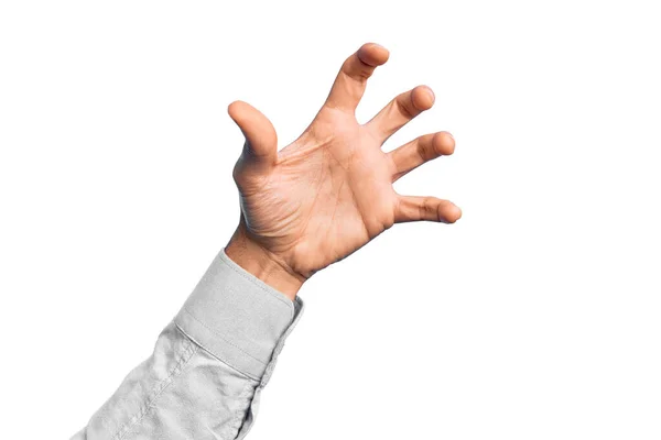 Рука Білого Чоловіка Показує Пальці Над Ізольованим Білим Тлом Захоплює — стокове фото