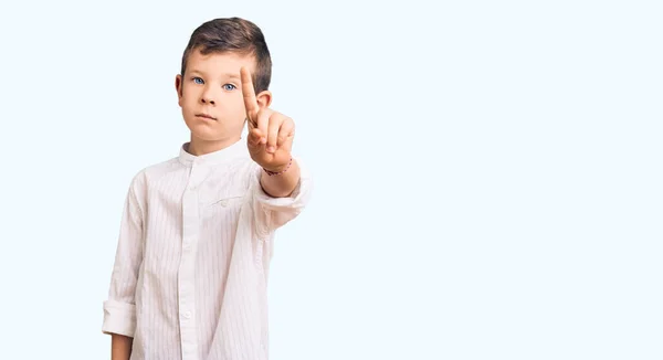 Cute Blond Kid Wearing Elegant Shirt Pointing Finger Angry Expression — Stock Photo, Image