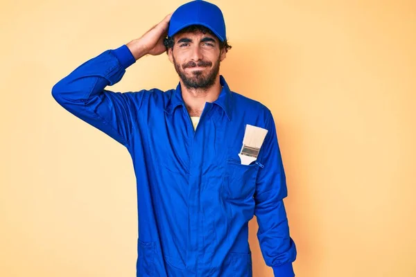 Handsome Young Man Curly Hair Bear Wearing Builder Jumpsuit Uniform — Stock Photo, Image