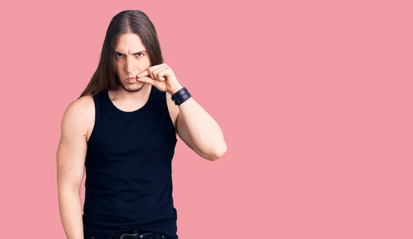 Young Adult Man Long Hair Wearing Goth Style Black Clothes — Stock Photo, Image