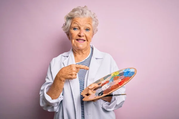 Senior Όμορφη Γκρίζα Μαλλιά Καλλιτέχνης Γυναίκα Ζωγραφική Χρησιμοποιώντας Πινέλο Και — Φωτογραφία Αρχείου