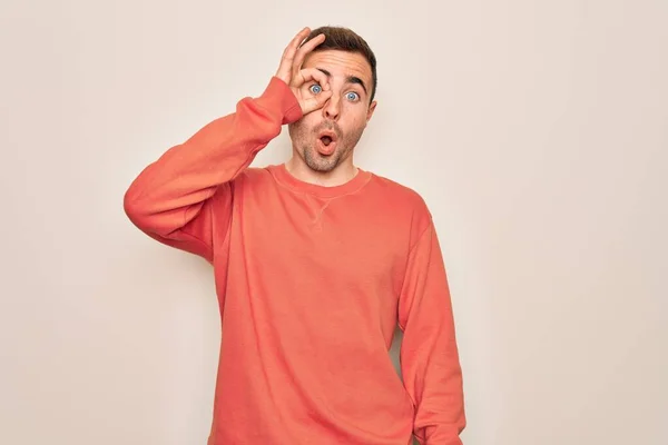 Young Handsome Man Blue Eyes Wearing Casual Sweater Standing White — Stock Photo, Image