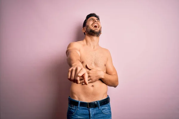 Young Handsome Strong Man Beard Shirtless Standing Isolated Pink Background — Stock Photo, Image