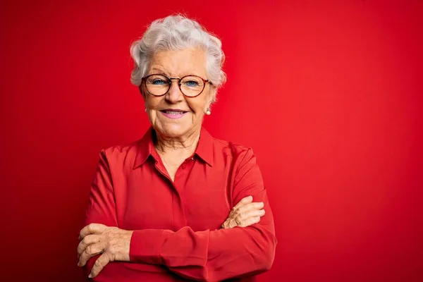 Senior Beautiful Grey Haired Woman Wearing Casual Shirt Glasses Red — Stock Photo, Image