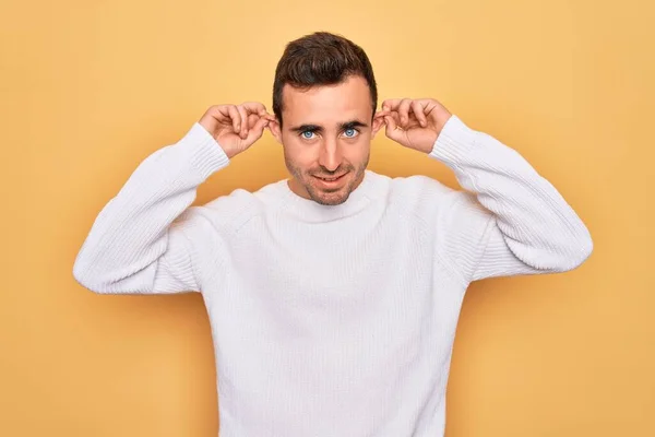 Young Handsome Man Blue Eyes Wearing Casual Sweater Standing Yellow — Stock Photo, Image