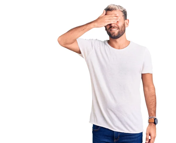 Young Handsome Blond Man Wearing Casual Shirt Smiling Laughing Hand — Stock Photo, Image