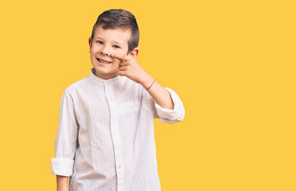 Cute Blond Kid Wearing Elegant Shirt Pointing Hand Finger Face — Stock Photo, Image