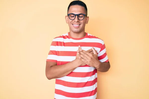 Young Handsome Latin Man Wearing Casual Clothes Glasses Smiling Hands — Stock Photo, Image