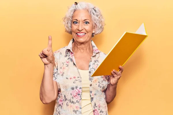 Senior Grey Haired Woman Holding Book Smiling Idea Question Pointing — Stock Photo, Image