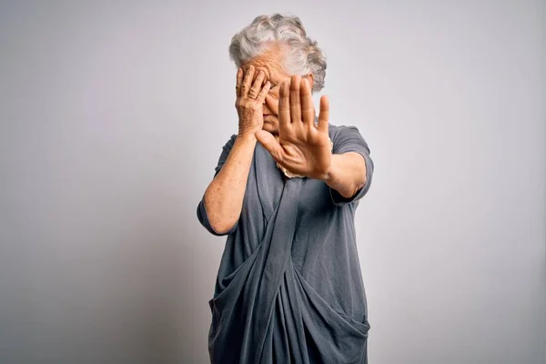 Senior Beautiful Grey Haired Woman Wearing Casual Dress Standing White — Stock Photo, Image