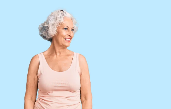 Senior Grey Haired Woman Wearing Casual Clothes Looking Away Side — Stock Photo, Image