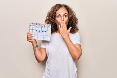 Orta yaşlı güzel bir kadın, elinde iklim takvimi tutarken bulutlu ve yağmurlu havanın ağzını eliyle kapattığını, şok olduğunu ve hata yapmaktan korktuğunu gösteriyor. Şaşırtıcı ifade.