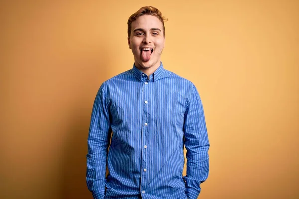 Young Handsome Redhead Man Wearing Casual Striped Shirt Isolated Yellow — Stock Photo, Image