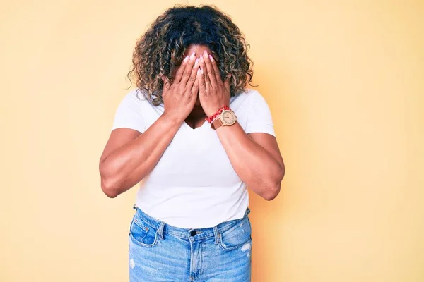 Young African American Size Woman Wearing Casual White Tshirt Sad — Stock Photo, Image