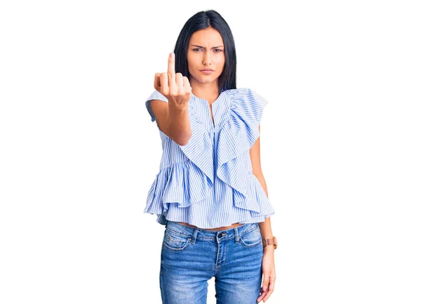 Young Beautiful Latin Girl Wearing Casual Clothes Showing Middle Finger — Φωτογραφία Αρχείου