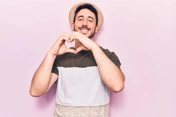Young Hispanic Man Wearing Casual Clothes Smiling Love Doing Heart — Stock Photo, Image