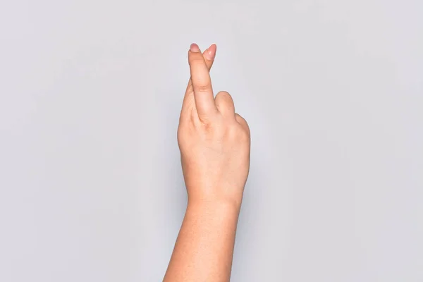 Hand Caucasian Young Woman Gesturing Fingers Crossed Superstition Lucky Gesture — Stock Photo, Image
