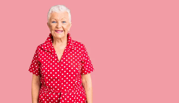 Senior Beautiful Woman Blue Eyes Grey Hair Wearing Red Summer — Stock Photo, Image