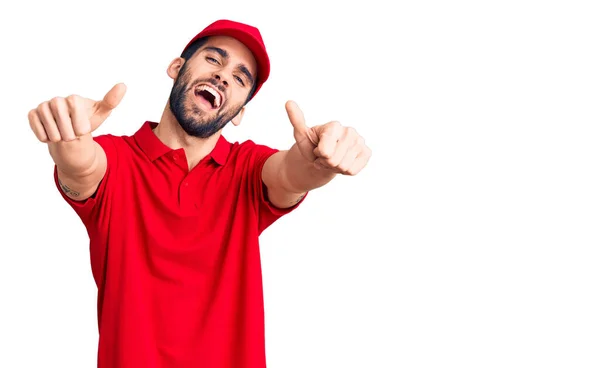 Young Handsome Man Beard Wearing Delivery Uniform Approving Doing Positive — Stock Photo, Image