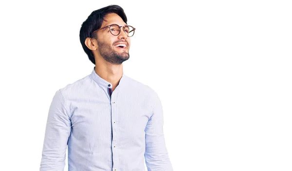 Handsome Hispanic Man Wearing Business Shirt Glasses Looking Away Side — Stock Photo, Image