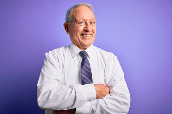 Cinza Cabelo Sênior Negócios Homem Elegante Sobre Roxo Isolado Fundo — Fotografia de Stock