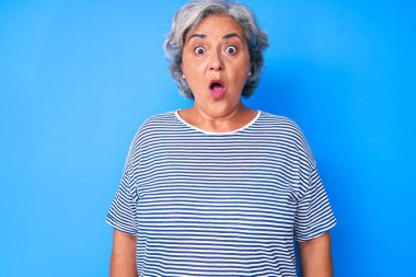 Son sınıf Latin kökenli, gri saçlı, sıradan kıyafetler giyen, ağzı açık, korkmuş, şaşırmış, imansız bir kadın. 